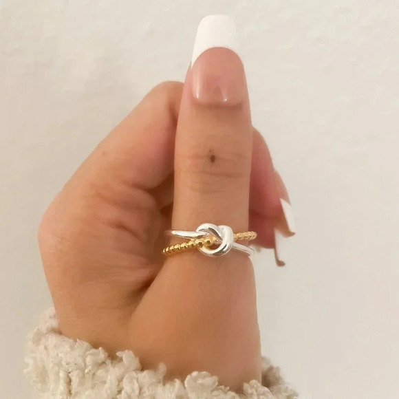 925 Sterling Silver Two Tone Ring Braided Knot Ring Cross Ring Silver & Gold - Picture 10 of 10